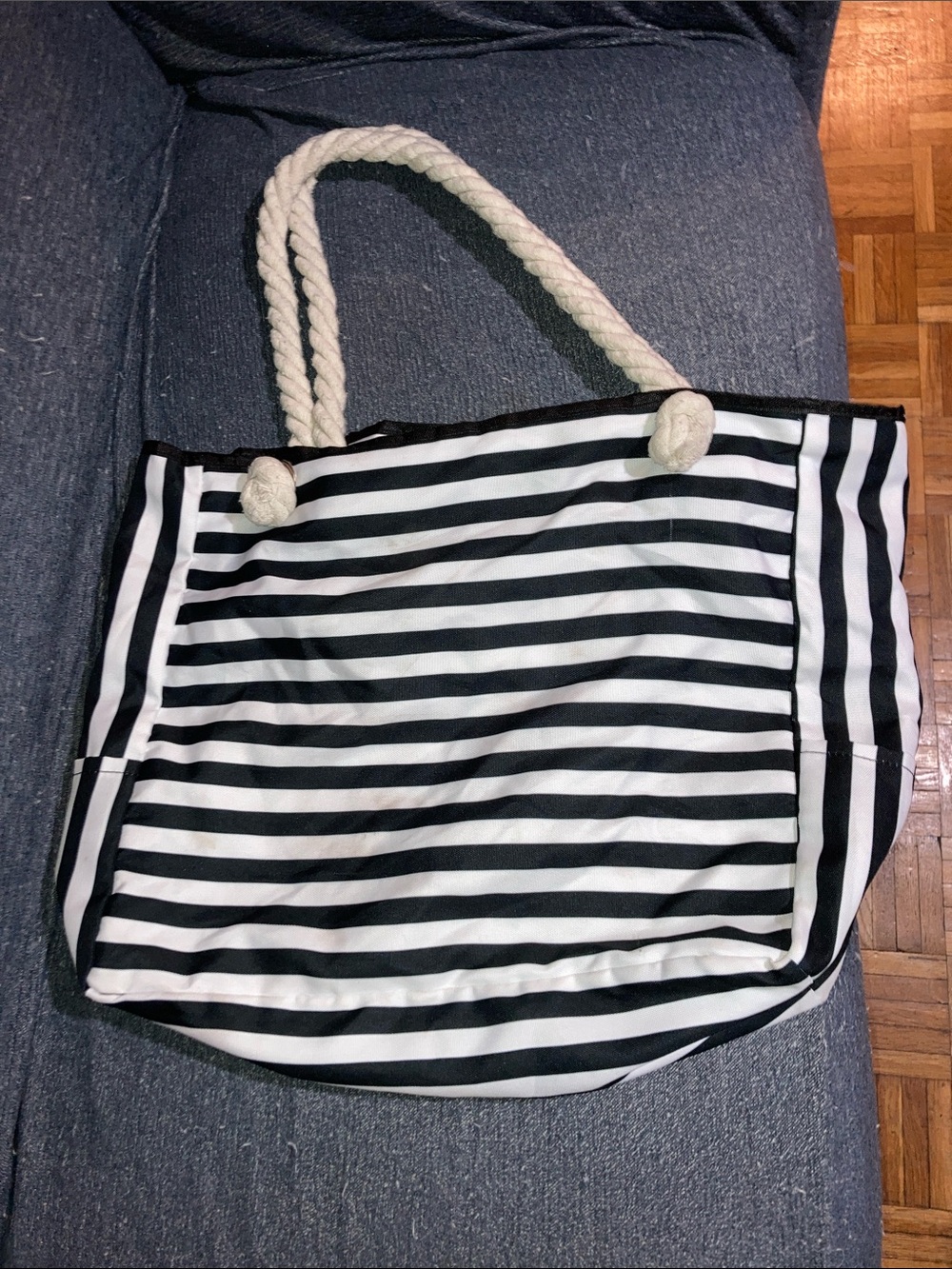 Classic Black and White Striped Rope-Handle Tote